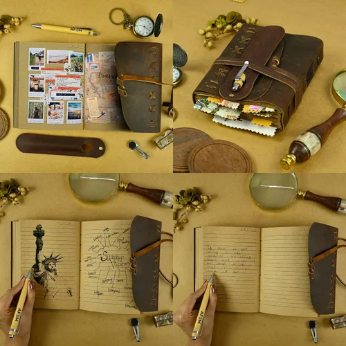 Vista 3 de Cuaderno de cuero para hombres y mujeres, diario vintage encuadernado en cuero, cuaderno de viaje con 290 páginas de papel rayado, diario
