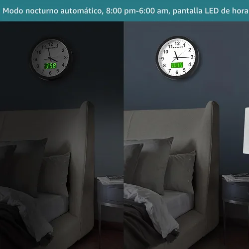Vista 6 de Reloj de pared, con pantalla digital LED, silencioso sin tictac, de cuarzo de 12 pulgadas, funciona con pilas, reloj de pared analógico redondo Caja