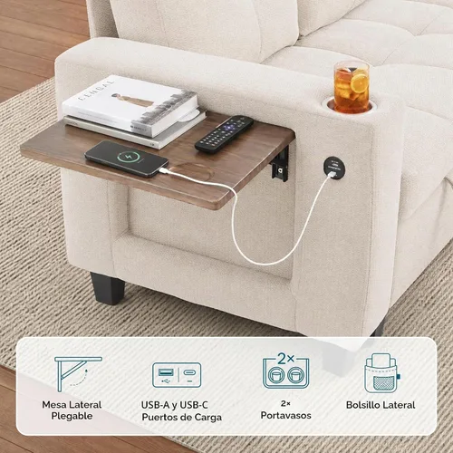 Vista 5 de LINSY HOME Modular Sectional Sofa Bed, Chenille Pull Out Couch 2 Seat Beige