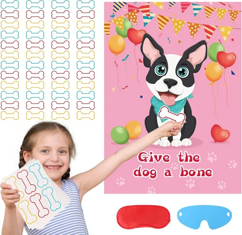 Vista 2 de Fowecelt Juego de fiesta Pin The Bone on The Dog con 48 piezas de hueso, vendas de ojos, póster y adhesivos para suministros de fiesta de cumpleaños