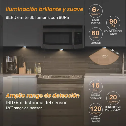 Vista 2 de STAR-SPANGLED Paquete de 3 luces con sensor de movimiento de 2.8 pulgadas para interiores, funciona con pilas AAA, luz LED para pegar en escaleras