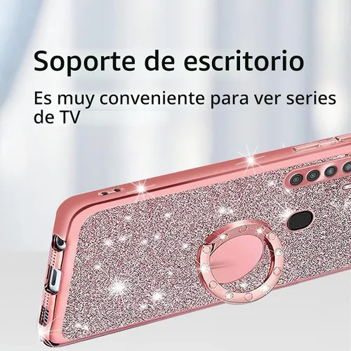 Vista 5 de Funda protectora para Samsung Galaxy A21 para mujer, con purpurina, suave, transparente, TPU de lujo, con correa de atril para A21 (rosa brillante)
