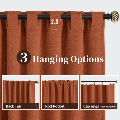 Vista 4 de SimpleHome - Cortinas 100% opacas de lino color naranja quemado, de 72 pulgadas de largo, con pestaña trasera de estilo granja para sala de estar