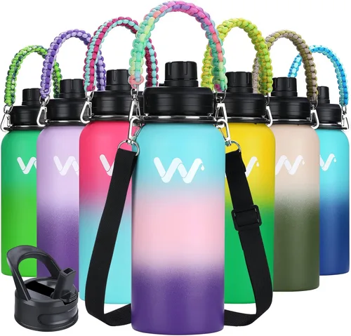 Vista 9 de WEREWOLVES Botella de agua aislada con asas y correa con dos tapas, reutilizable, boca ancha, al vacío, botella de agua de acero inoxidable