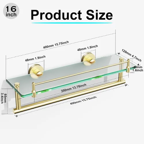 Vista 3 de Toallero con estante de 16 pulgadas, estante de baño con barra de toalla de vidrio templado, dorado cepillado moderno, acero inoxidable a prueba