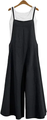Vista 3 de YESNO Overol suelto de estilo casual para mujer corte amplio de algodón con bolsillos PZZ pantalones largos con pierna ancha