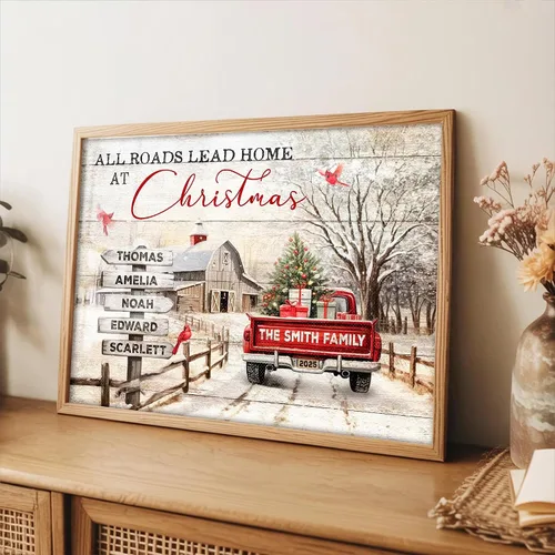 Vista 2 de CENOVACY Arte de pared personalizado en lienzo de Navidad familiar, arte de pared de Navidad con nombres de familia en Navidad All Roads con letrero