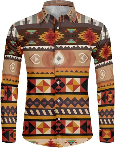 Vista 2 de Camisa azteca con botones para hombre, patrón nativo americano, camisas de manga larga con cuello en V y nación tribal