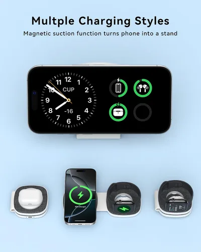 Vista 3 de Cargador inalámbrico plegable 2 en 1 Mag-Safe para iPhone 16 15 14 13 12 Series, Apple Watch Series/Ultra/SE, Airpods/Pro, cargador Magsafe portátil