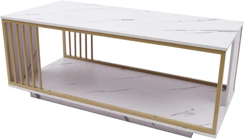 Vista 4 de Mesa de centro de mármol, mesa de centro moderna de mármol sintético de 2 niveles, mesa auxiliar rectangular con marco de metal dorado, mesa de café