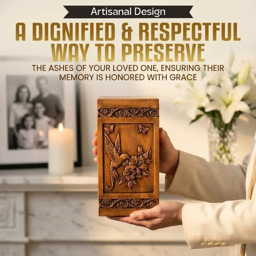 Vista 5 de Urna de cremación grande de madera para cenizas humanas para adultos, colibrí hecha a mano y grabado floral, urna funeraria para madre, padre