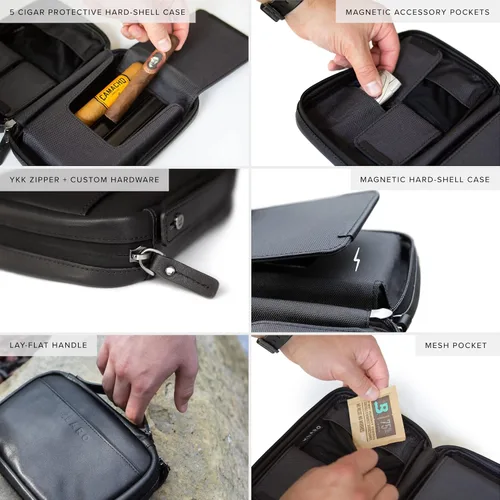 Vista 4 de CASE ELEGANCE Klaro - Funda de viaje para 5 puros, protección rígida, color negro Cuero, 2 bolsillos para accesorios, bolsillo de humidificación