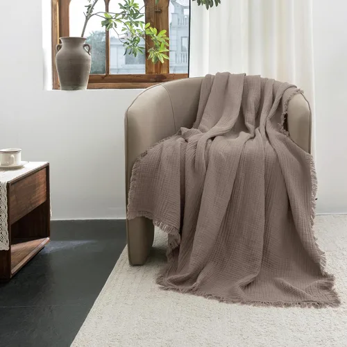 Vista 93 de FOSSA Manta de Muselina con Flecos - Gasa de Algodón 100% de 4 Capas Súper Suave y Transpirable - Manta Decorativa Ligera y Refrescante para Cama