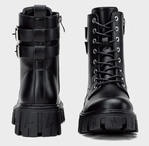 Vista 8 de Vepose Botas de combate para mujer, botines de plataforma con cordones y tacón grueso con cremallera