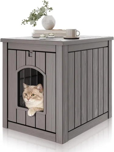 Vista 9 de Casa para gatos al aire libre resistente a la intemperie, casa de plástico para gatos exterior impermeable con puerta frontal abierta, refugio