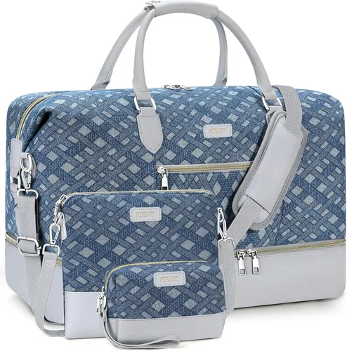 Vista 10 de Bolsa de fin de semana para mujer, bolsa de viaje de nailon, con compartimento para zapatos, tamaño grande 1-beige