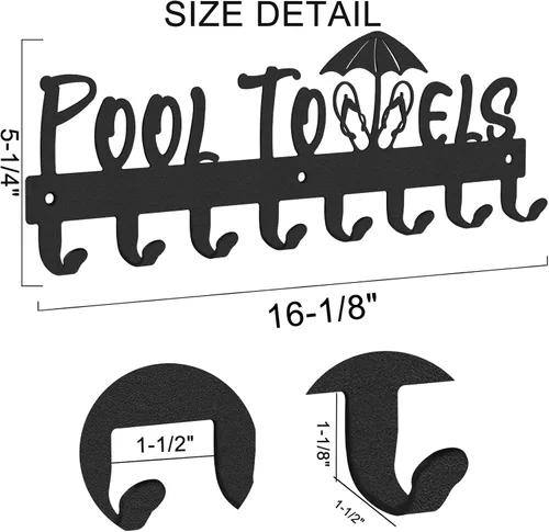 Vista 2 de IBosins Toallero de piscina con 8 ganchos, toallero montado en la pared para exteriores o baño, colgador de toallas para colgar albornoces, toallas
