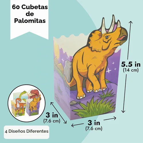 Vista 3 de BLUE PANDA Cajas de palomitas de maíz de dinosaurio, paquete de 60, multicolor, 4 diseños, cajas de palomitas de maíz a granel para suministros