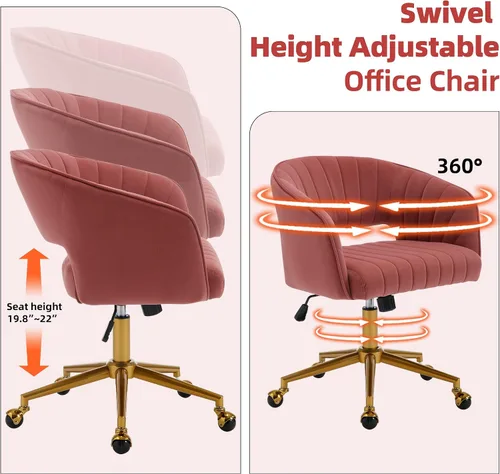 Vista 4 de Sillas de escritorio para oficina en casa Westice, silla de escritorio de terciopelo moderna, silla giratoria de tocador con base dorada ajustable