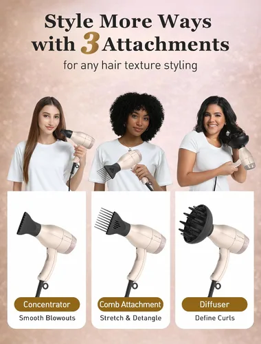 Vista 2 de TOME Secador de pelo, secador de pelo rizado iónico Cool Shot con difusor, secado rápido de 1875 W con tecnología de cerámica, 3 accesorios