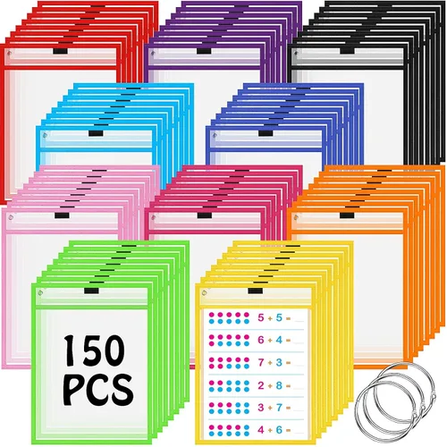 Vista 10 de Teling 150 bolsillos de borrado en seco reutilizables a granel para boletos de trabajo, protector de manga de plástico transparente, funda