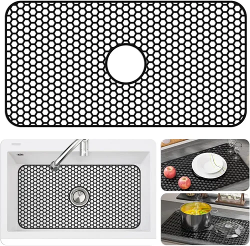Vista 30 de Bestjing Paquete de 2 protectores de silicona para fregadero de cocina, accesorio de rejilla de cocina de 12 x 11 pulgadas, tapete antideslizante