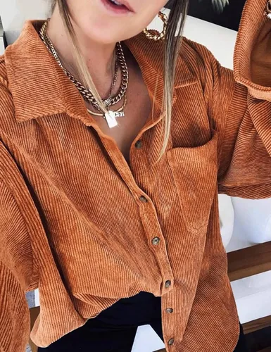Vista 6 de Saslax Camisa de pana para mujer, de manga larga, con botones, cuello en V, holgada, chaqueta