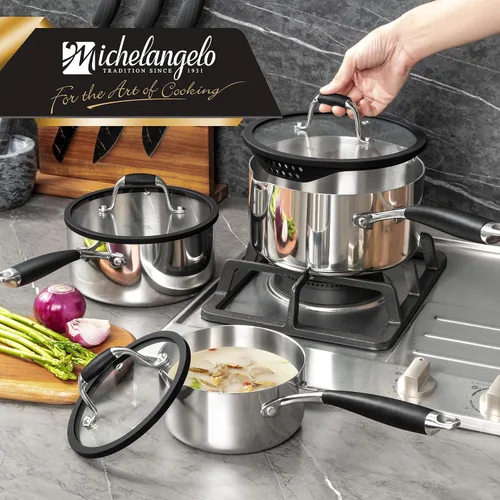 Vista 7 de MICHELANGELO Juego de cacerolas de acero inoxidable triple con tapa colador, olla de salsa resistente con tapa, olla de salsa multiusos compatible