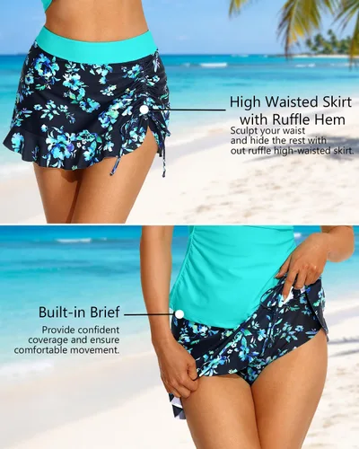 Vista 6 de Tankini with Skirt Tummy Control Ruffle Swimsuit Two Piece Bathing Suit Aqua y azul floral
