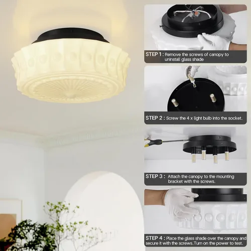 Vista 7 de Lámpara de techo de vidrio de leche blanca, iluminación de montaje al ras de 13.8 pulgadas para dormitorio, pasillo, cocina y comedor, diseño