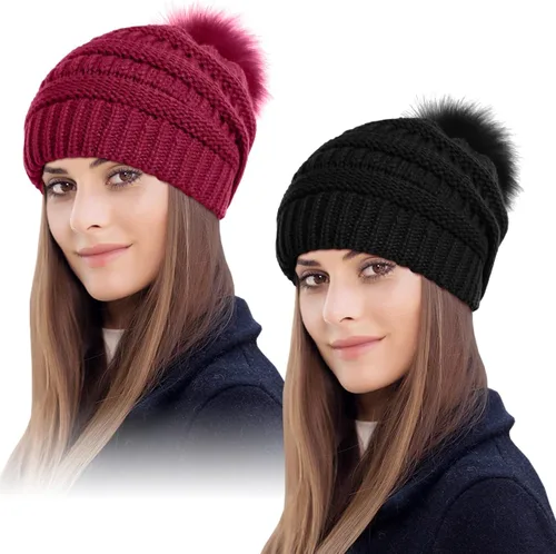 Vista 9 de IYEBRAO - Paquete de 2 gorros de invierno para mujer con pompones y forro polar suave y cálido