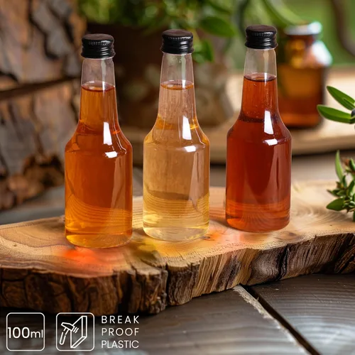Vista 2 de Belle Vous Paquete de 48 mini botellas de licor – Botella de alcohol vacía de plástico reutilizable de 3.4 onzas líquidas con tapa de rosca negra