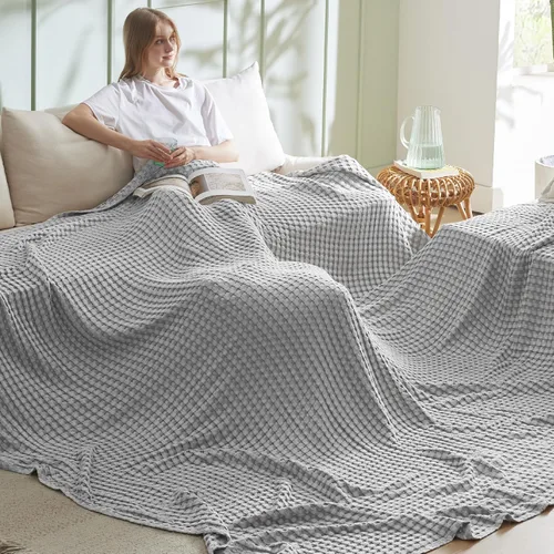 Vista 19 de Bedsure - Manta XL de punto gofre de algodón refrescante - Manta ligera y transpirable de rayón derivado de bambú para personas que se acaloran al