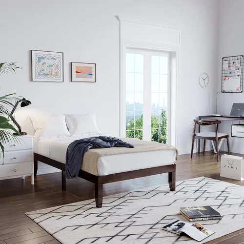 Vista 7 de Giantex Marco de Cama de Plataforma de Madera Individual de 14 Pulgadas, Base de Colchón Minimalista con Madera de Caucho Sólida, Soporte