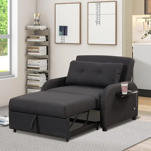 Vista 3 de Sofá cama extraíble 3 en 1, sofá cama convertible con 2 bolsillos laterales para mesa de ala y carga USB para tela de línea de siesta para sala