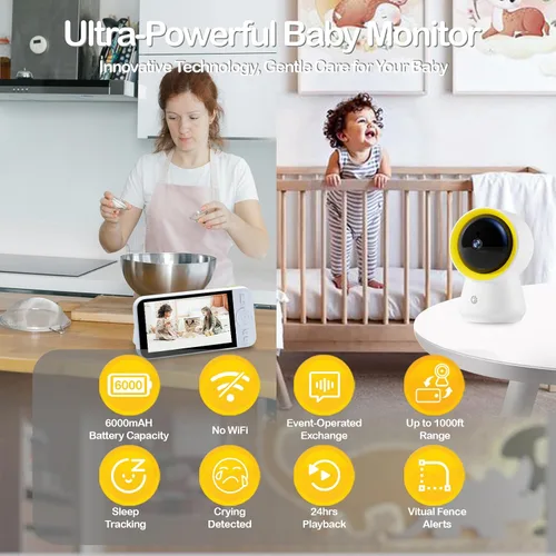 Vista 2 de Ellie - Monitor de bebé sin WiFi, monitor de bebé con cámara y audio, IPS 1080P de 5 pulgadas con montaje en pared, batería de 6000 mAh, rango