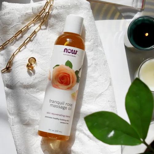 Vista 5 de NOW Solutions, Aceite de masaje de rosa tranquila, hidratante corporal, 8 onzas líquidas