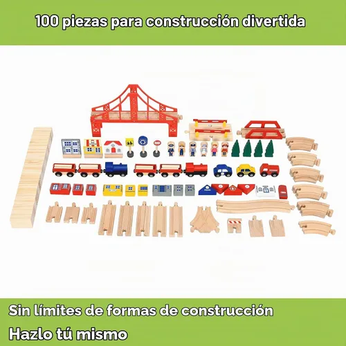 Vista 4 de GLACER Mesa de tren, 100 piezas de madera con cajón de almacenamiento