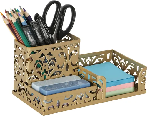 Vista 13 de Organizador para escritorio de oficina, de EasyPag, con 3 compartimentos, con diseño calado de flores, Negro