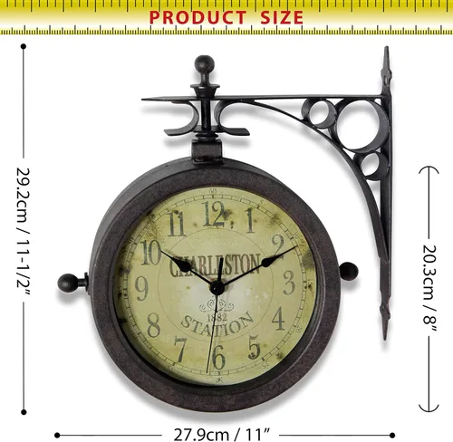 Vista 4 de Infinity Instruments Charelston - Reloj de metal para exteriores, impermeable, doble cara, estación de tren, reloj y termómetro