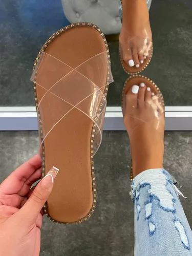 Vista 7 de Jeimpoey Sandalias planas con tachuelas para mujer, puntera abierta, deslizantes, con correa cruzada