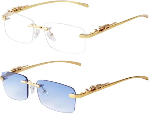 Vista 26 de Rimless Sunglasses for Men Women Small Narrow Rectangle Sunglasses 2 piezas: azul degradado+marrón degradado