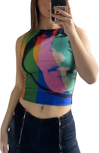 Vista 3 de Camiseta corta con estampado de retrato facial para mujer Y2K E-Girls de los años 90 sin mangas con estampado gráfico camiseta de verano