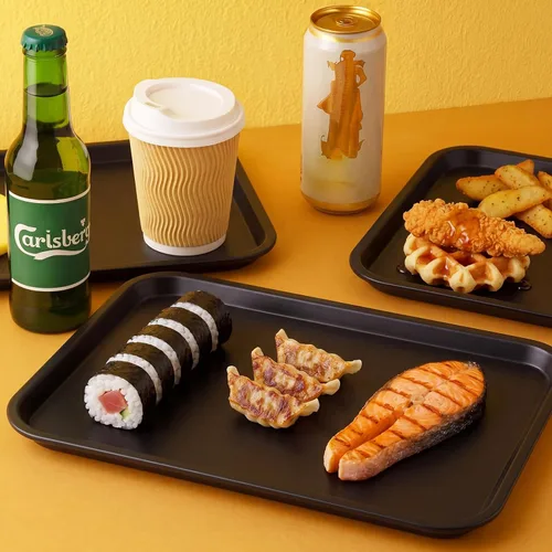 Vista 7 de Gerrii 6 bandejas de plástico de comida rápida a granel, bandeja para cafetería, bandeja para parrilla, bandeja de almuerzo escolar, bandeja Negro