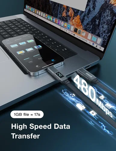 Vista 6 de XKCZ Cable USB C 4 en 1 con pantalla de potencia, cable de carga múltiple trenzado de nailon plano de 240 W con sincronización de datos, cable