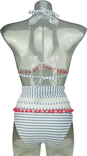 Vista 3 de COCOSHIP - Conjunto de bikini de malla a rayas y cintura alta, con adornos de borlas y tirantes (FBA)