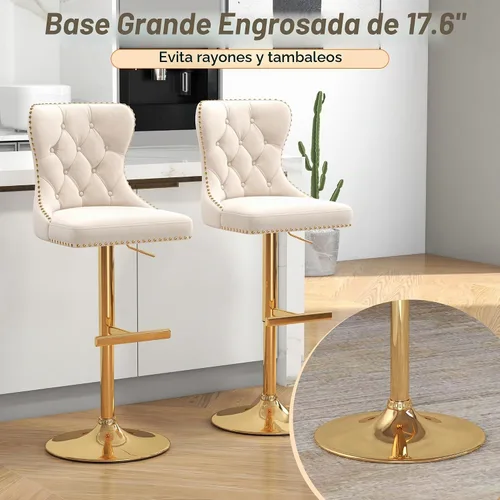 Vista 6 de Juego de 2 taburetes de bar giratorios de terciopelo con respaldo copetudo y base dorada, beige Adjustable Counter Height Barstools with Soft