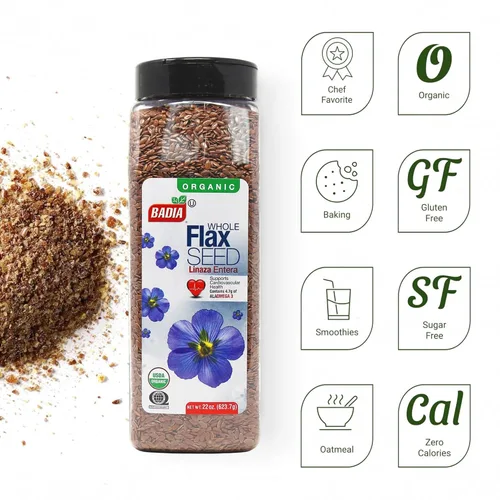 Vista 3 de Badia Semilla de lino entera orgánica, 22 onzas, superalimento alto en fibra y omega-3, certificado orgánico, sin OMG, para hornear, licuados