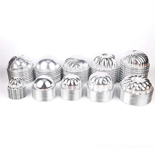 Vista 8 de LoBake 10 piezas de media bola de calabaza uva vollyball Shell aluminio tarta molde jalea pudín taza magdalena molde herramientas para hornear