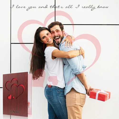 Vista 6 de Creawoo Tarjeta de felicitación de amor hecha a mano de madera de nogal con caja de regalo única, el mejor día de San Valentín, aniversario